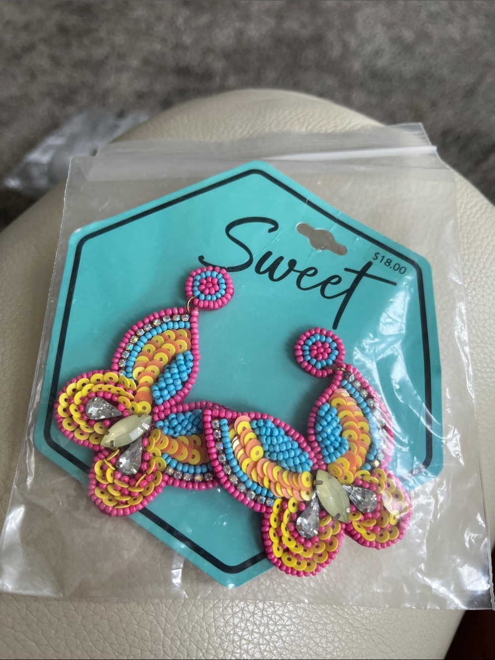Pink, Yellow & Blue Beaded Statement Earrings. New!  Bold beautiful butterflies